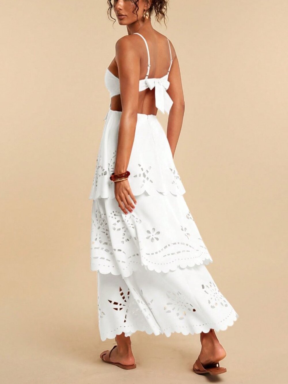White Boho Women's Multi-Layer Ruffle Hem Spaghetti Strap Backless Dress - Picture 3 of 7